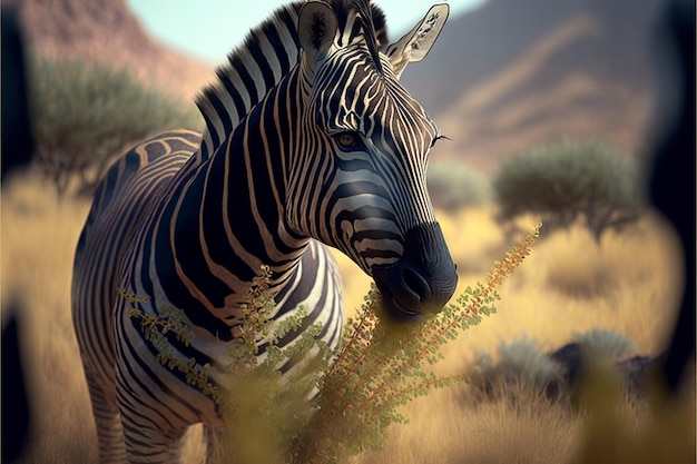 A zebra is standing in a field with tall grass and flowers.