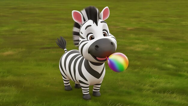 Foto una zebra è in piedi in un campo con un giocattolo in primo piano