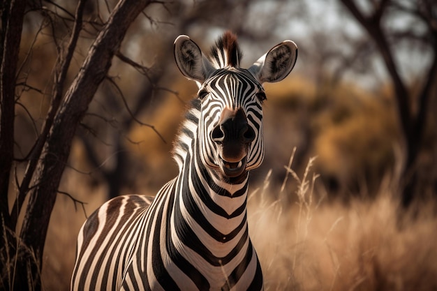 A zebra is standing in the grass and looking at the camera.