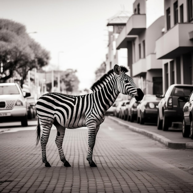 A zebra is standing on a street with cars parked on the side.