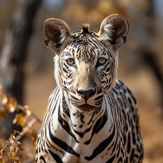 a zebra is standing in the woods with a blue sky in the background