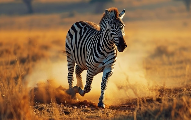 zebra kicking up dust as it races across the open plain