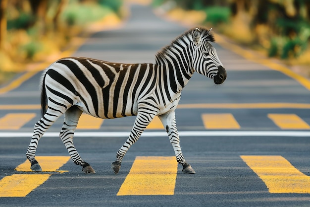 Foto zebra kruist een voetgangersovergang in de stad
