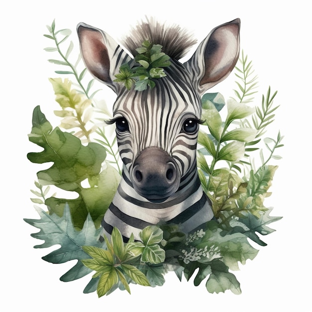 zebra met bloemen en bladeren in zijn mond op een witte achtergrond generatieve ai