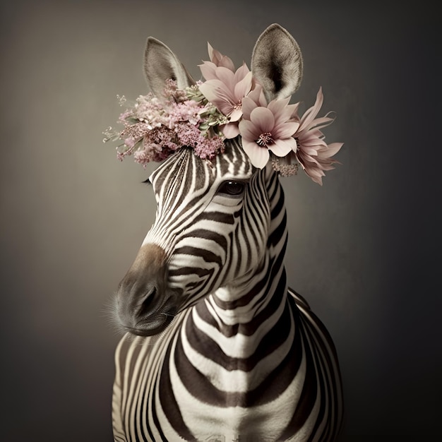 zebra met bloemenflora bloeiende kroon van bloemen