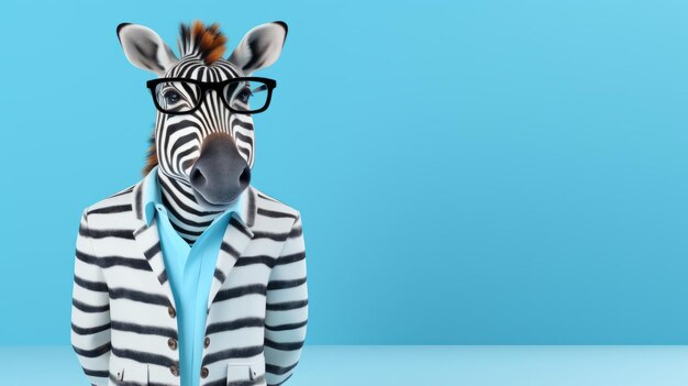 Zebra met pak en bril geïsoleerd op een blauwe achtergrond Generatieve AI