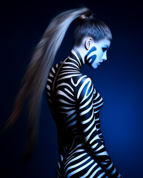 Zebra pattern painted full body skin hot attractive model girl with horse tail hair style