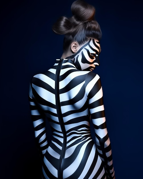 Zebra pattern painted full body skin hot attractive model girl with horse tail hair style