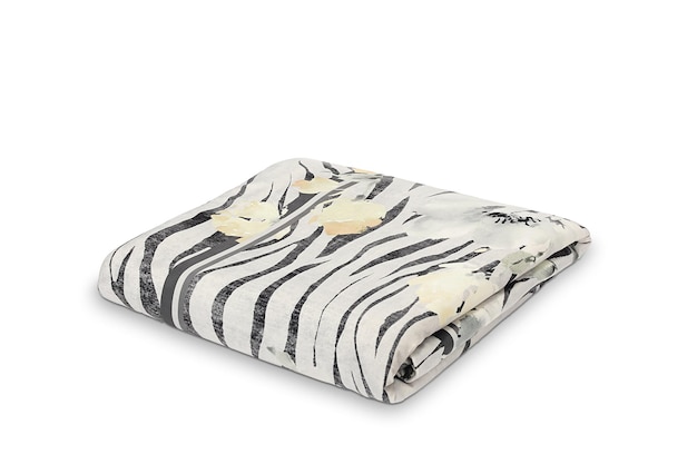 A zebra print blanket with a white background