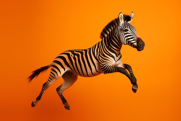 A zebra running on an orange background