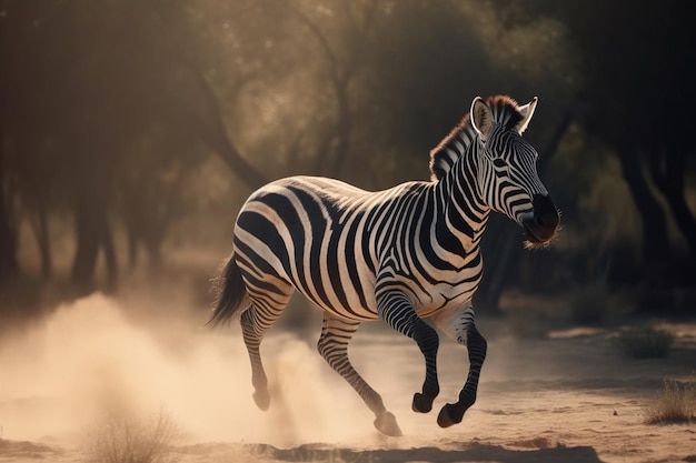 A zebra runs through the dust