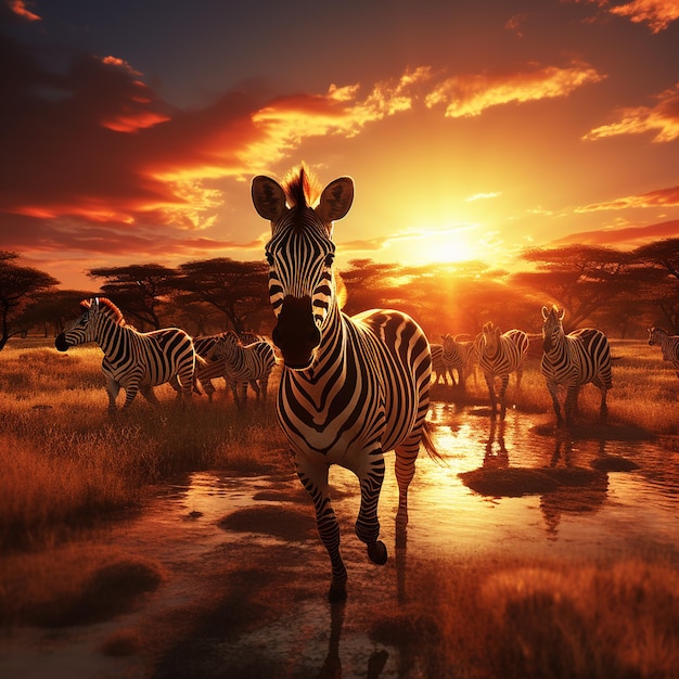 Zebra's grazen bij zonsondergang op de savanne