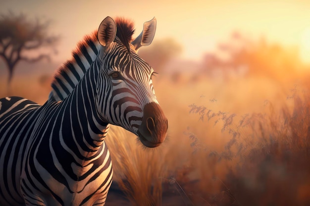 Zebra in savanna at sunset