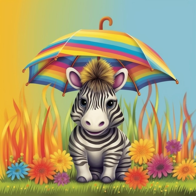 zebra sitting under an umbrella in a field of flowers generative ai