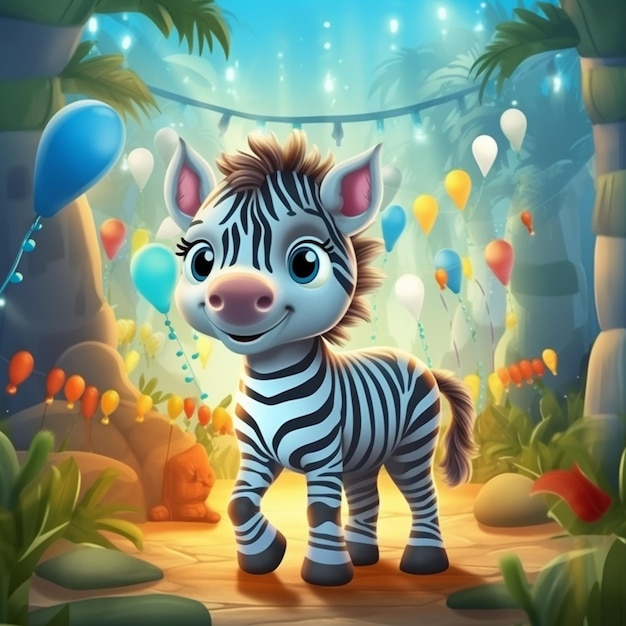 zebra staande in een jungle met ballonnen en bomen generatieve ai