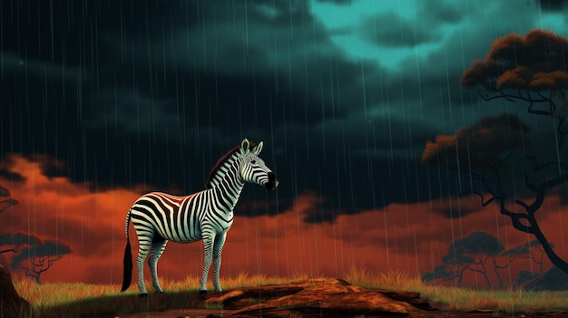 Zebra staat in de regen in een veld met bomen en wolken generatieve ai