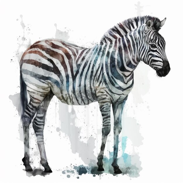 Foto zebra staat voor een witte achtergrond met een aquarel-effect generatief ai