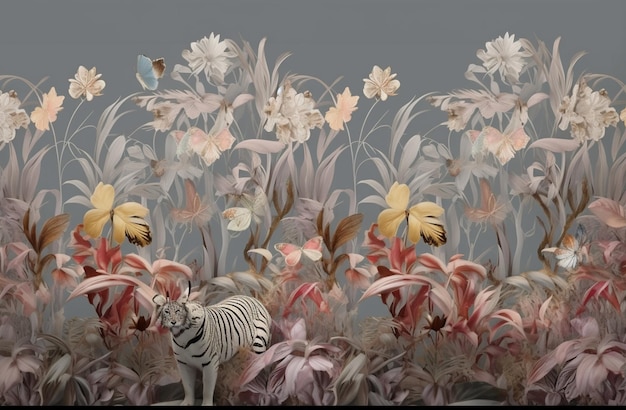 Зебра стоит в поле цветов с бабочками и бабочкамі генеративной ai