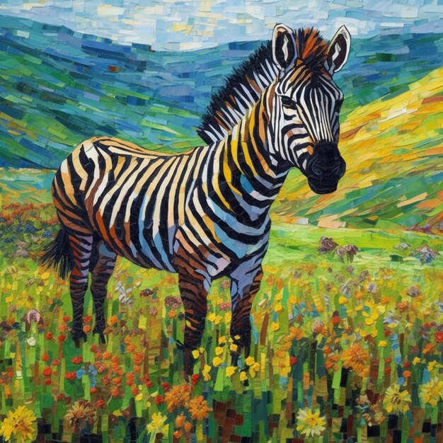 zebra standing in a field of flowers with mountains in the background generative ai