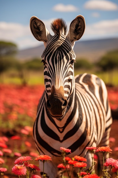 A zebra standing in a field of flowers