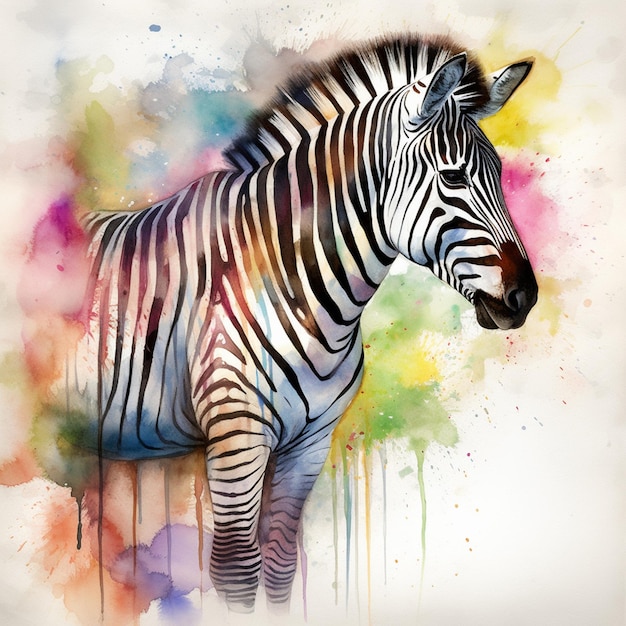 zebra standing in front of a colorful background with watercolors generative ai