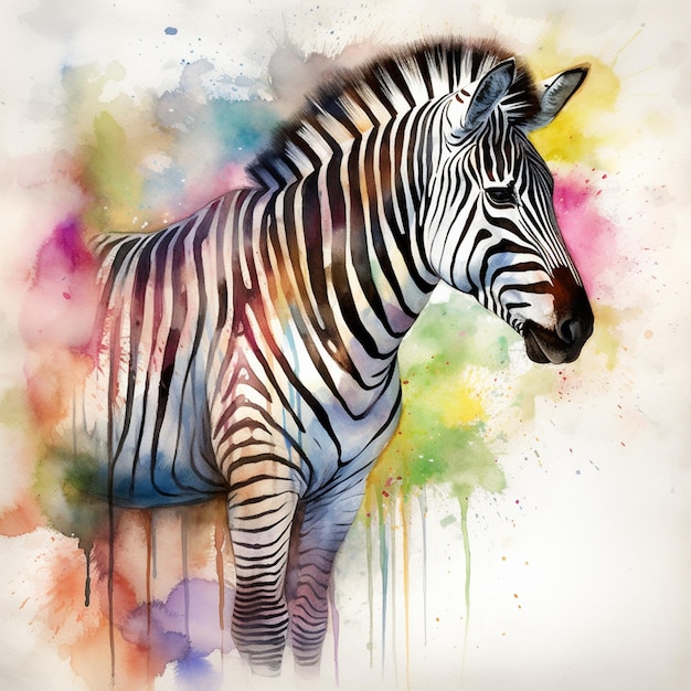 zebra standing in front of a colorful background with watercolors generative ai