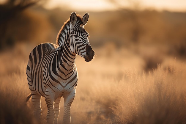 A zebra stands in a field of dry grass.