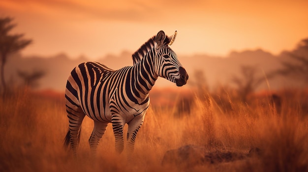 A zebra stands in a field at sunset.