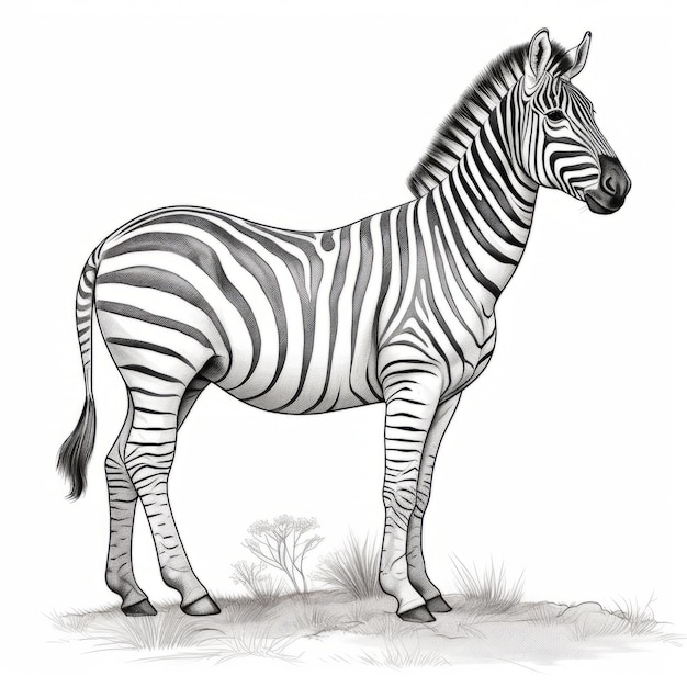 the zebra stands gracefully in the open lands, captured in a detailed sketch-like style. this illustration showcases intricate character design, shading, and elegant inking techniques. reminiscent of