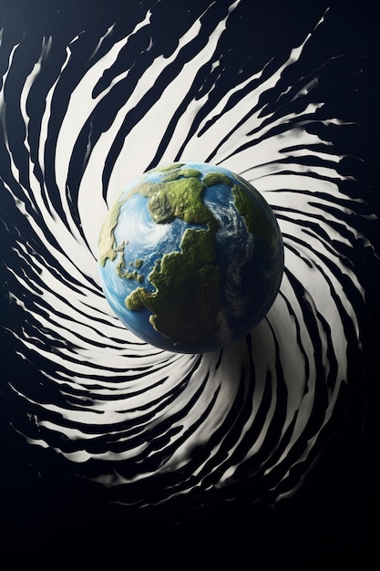 Photo zebra stripes are swirling around a globe on a black background generative ai