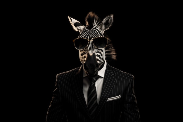 Photo zebra in suit and sunglasses black banner background