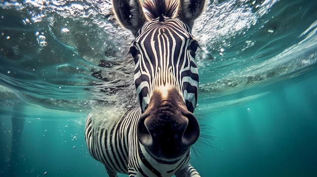Zebra swimming in the ocean closeup of the animal Generative AI
