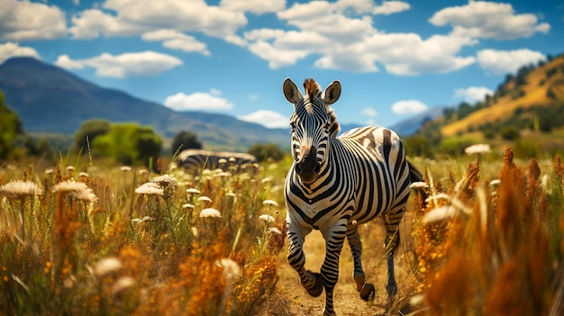 Zebra walking on grass field with mountain background photo realistic 4K resolution wide angle AI generated