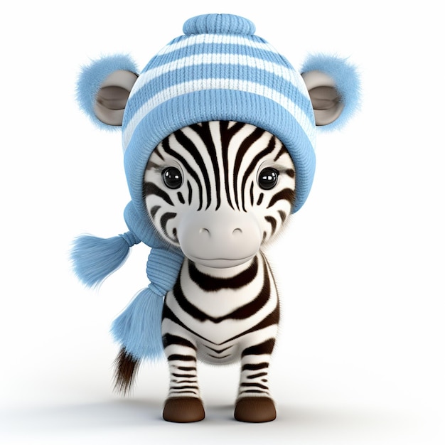 зебра в синей шляпе и шарфе, стоящая на белой поверхности.