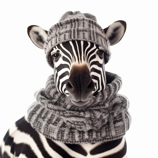 a zebra wearing a hat and scarf