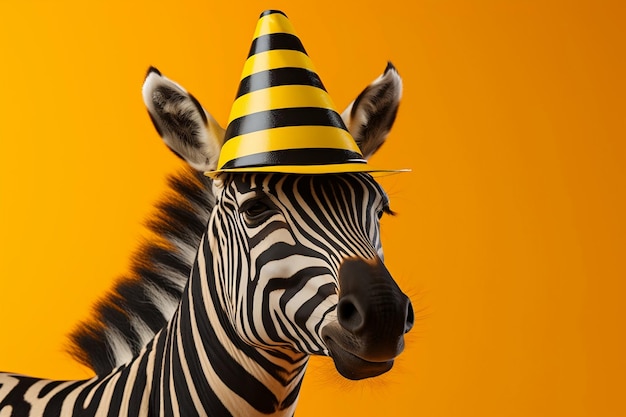 Zebra wearing party hat and sunglasses on yellow background ai