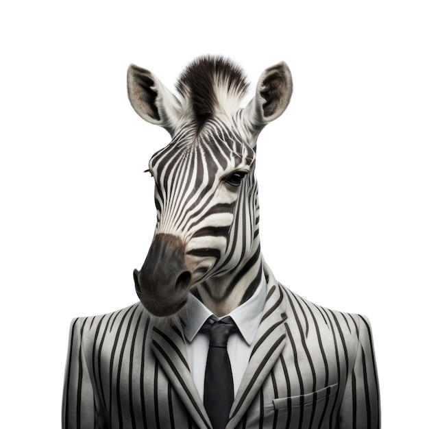 Зебра в костюме и галстуке стоит на белом фоне.