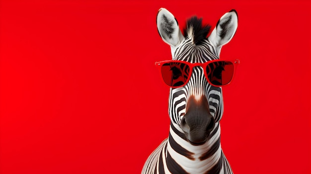 Zebra wearing sunglasses isolated on red background