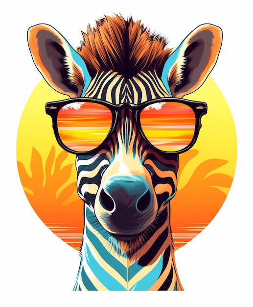 zebra wearing sunglasses with a sunset in the background generative ai