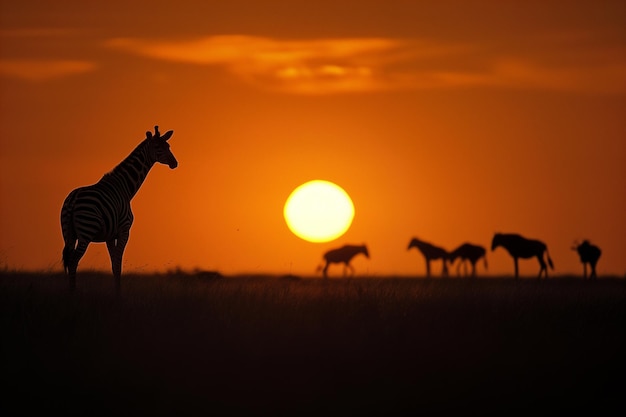 Photo zebra and wildebeests at sunset