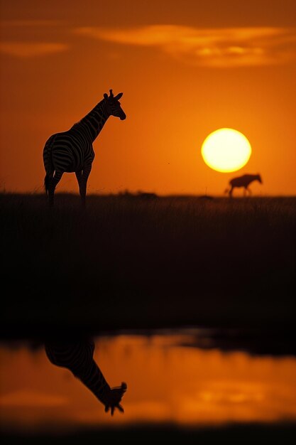 Photo zebra and wildebeests at sunset