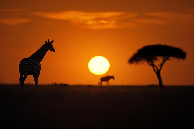 Photo zebra and wildebeests at sunset