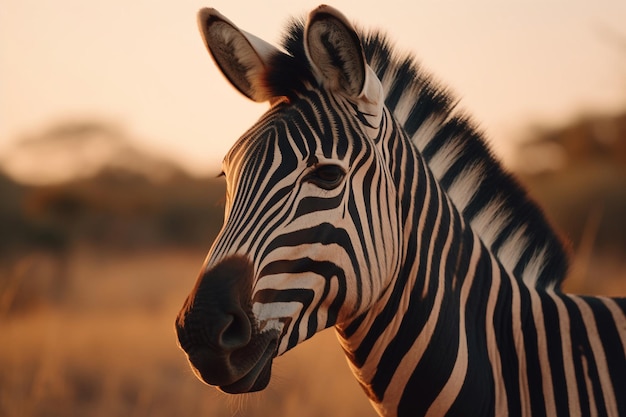 A zebra with black stripes stands in a field.