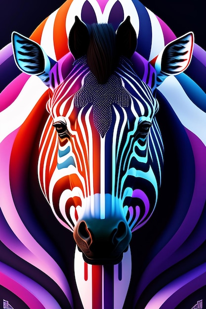 A zebra with a black and white striped pattern is on a colorful background