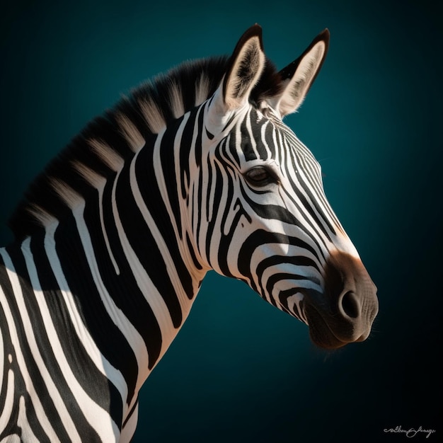 A zebra with a blue background and the word photography on it.