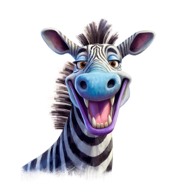 A zebra with a blue nose and a black nose is smiling.