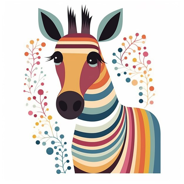 zebra with colorful stripes and flowers in a frame generative ai