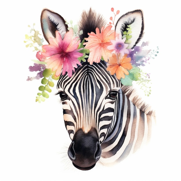 Zebra with flowers in its head generative ai
