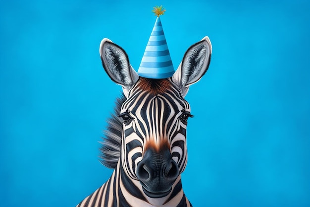 A zebra with a party hat on it