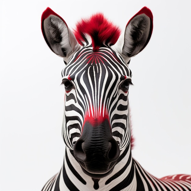 Zebra with red hair on extreme pose in white background